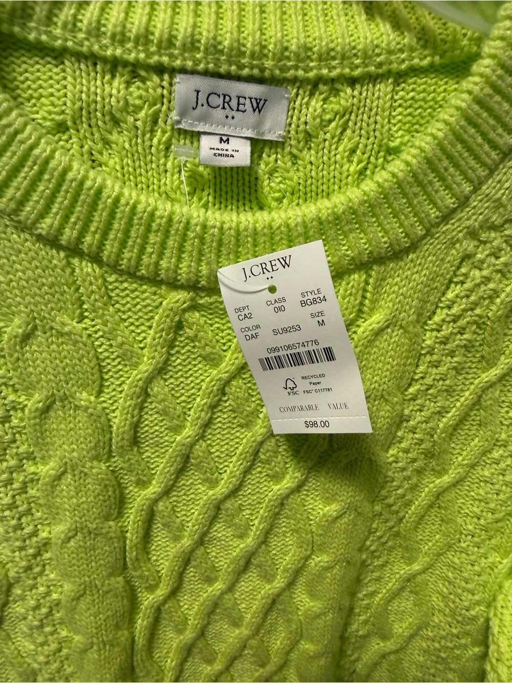 J. Crew Factory Neon Lime Cable-Knit Crewneck Sweater - Picture 2 of 2